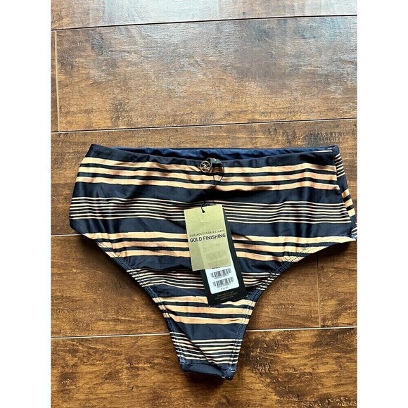 VIX Paula Hermanny Isabela Hot Pant Striped Navy Swim Bikini Bottom Womens L NWT - Picture 1 of 5